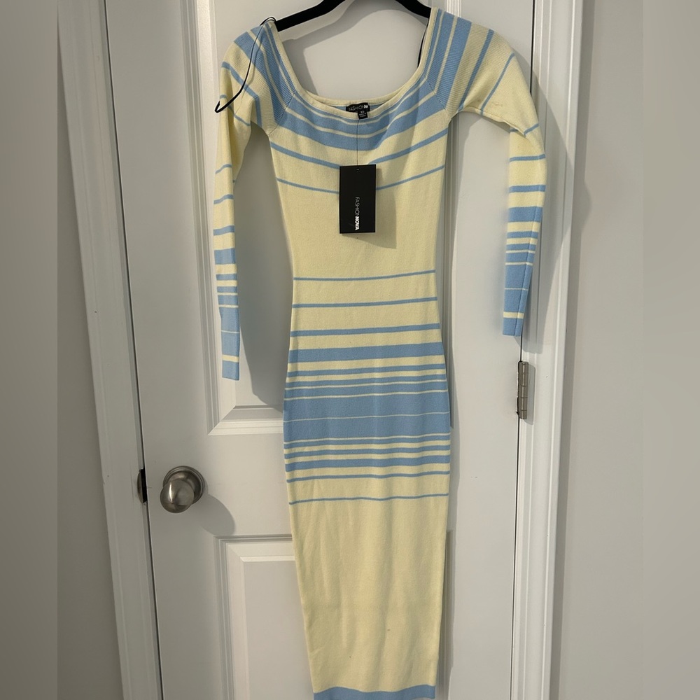NWT Fashion Nova Off the Shoulder Cream and Blue Dress
